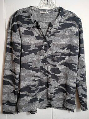 Beachlunchlounge Black Gray Camo Henley Soft Warm Womens Small Long Sleeve
